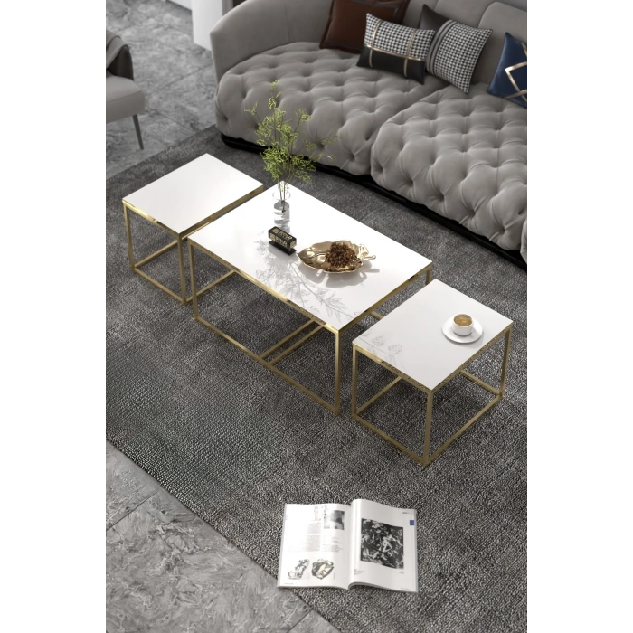 Orta Sehpa Ve Zigon Yan Sehpa Flora Set Gold Beyaz