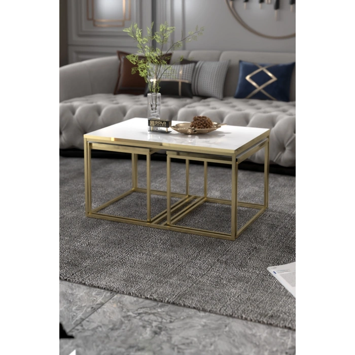 Orta Sehpa Ve Zigon Yan Sehpa Flora Set Gold Beyaz