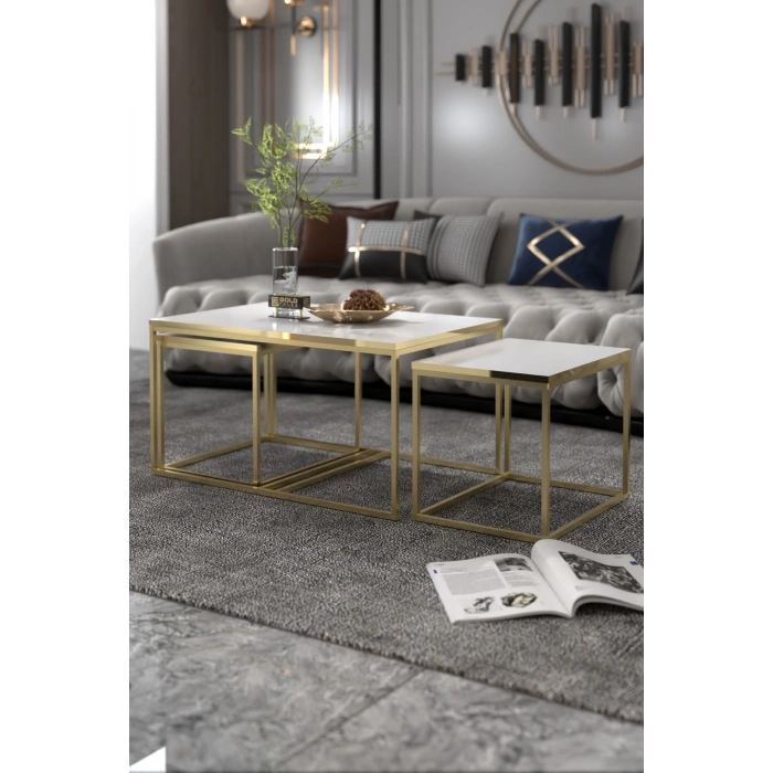 Orta Sehpa Ve Zigon Yan Sehpa Flora Set Gold Beyaz