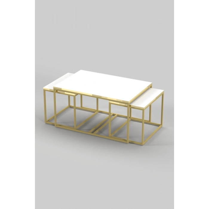 Orta Sehpa Ve Zigon Yan Sehpa Flora Set Gold Beyaz