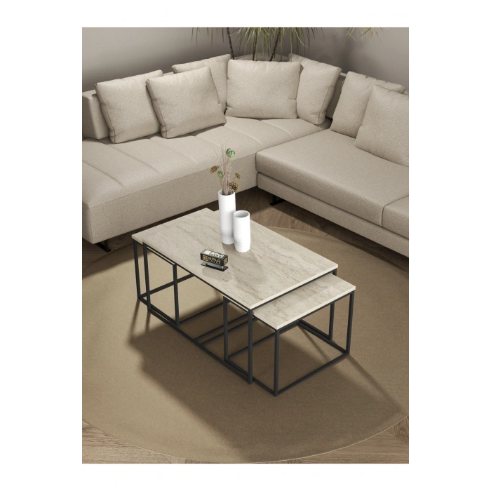 Orta Sehpa Ve Zigon Yan Sehpa Flora Set Traverten