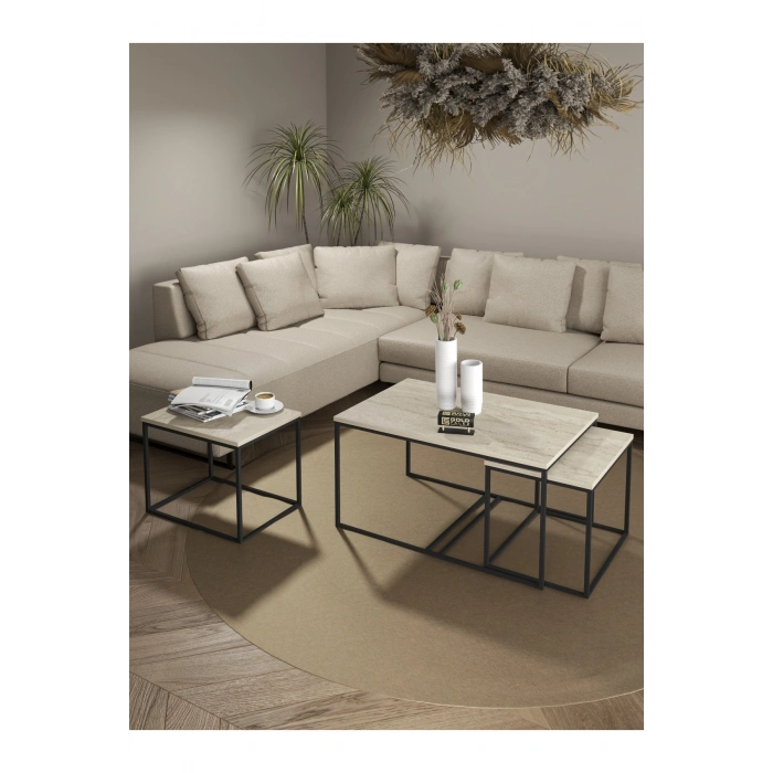 Orta Sehpa Ve Zigon Yan Sehpa Flora Set Traverten