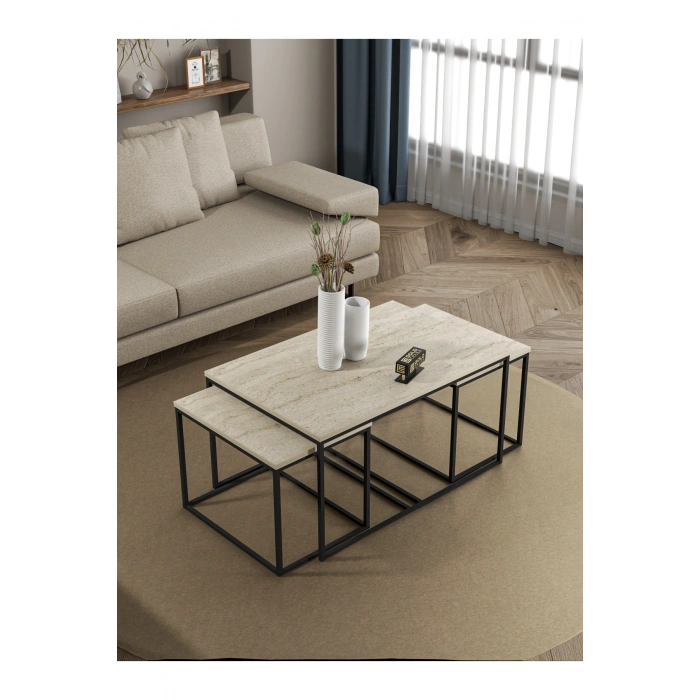 Orta Sehpa Ve Zigon Yan Sehpa Flora Set Traverten