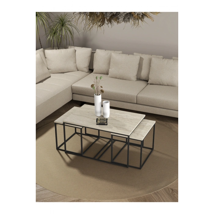 Orta Sehpa Ve Zigon Yan Sehpa Flora Set Traverten