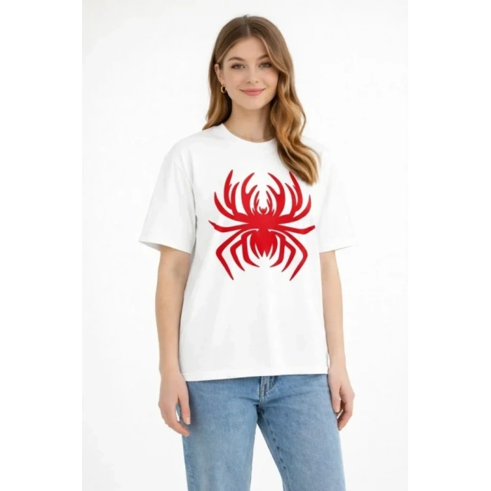 Örümcek Baskılı Tişört Kısa Kollu Bisiklet Yaka T-Shirt - Beyaz
