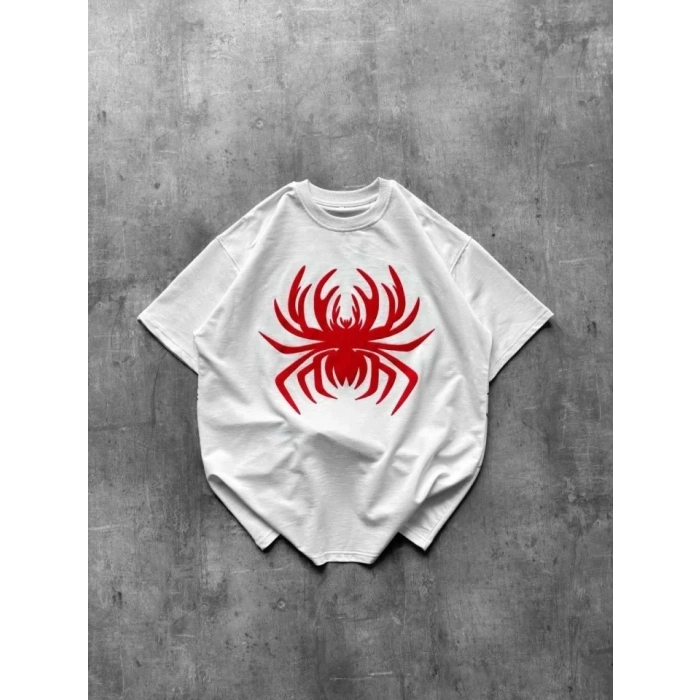 Örümcek Baskılı Tişört Kısa Kollu Bisiklet Yaka T-Shirt - Beyaz