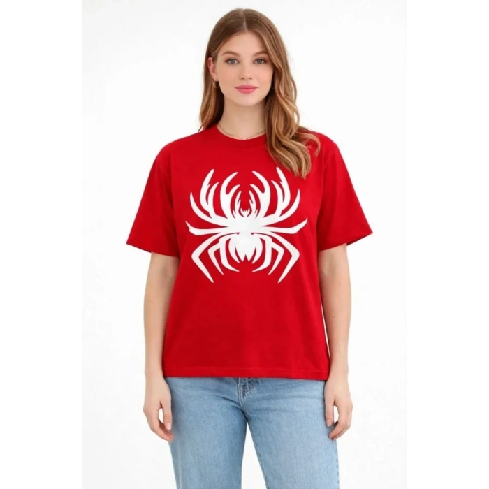 Örümcek Baskılı Tişört Kısa Kollu Bisiklet Yaka T-Shirt - Kırmızı