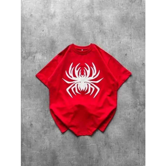 Örümcek Baskılı Tişört Kısa Kollu Bisiklet Yaka T-Shirt - Kırmızı