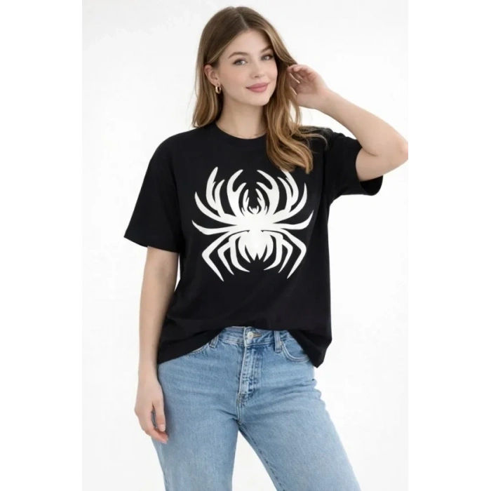 Örümcek Baskılı Tişört Kısa Kollu Bisiklet Yaka T-Shirt - Siyah