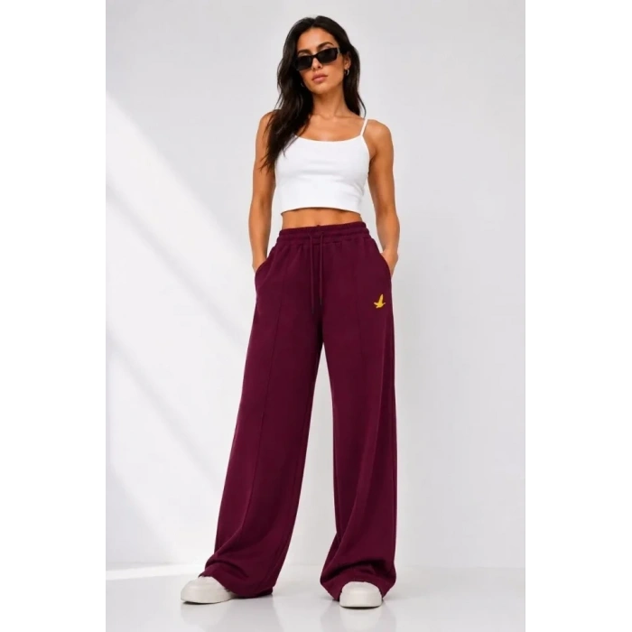 Osy Modal Yumuşak Dokulu Cima Dikişli Nakışlı Cepli Oversize Bol Paça Eşofman Altı - Bordo