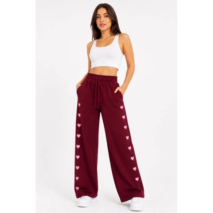 Osy Modal Yumuşak Dokulu Nakışlı Cepli Oversize Bol Paça Eşofman Altı - Bordo