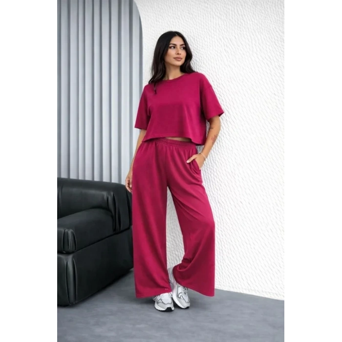 Osy Modal Yumuşak Dokulu Şalaş Oversize İkili Takım Bol Paça Pantolonlu Rahat Günlük Takım - Fuşya