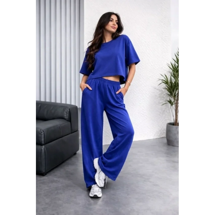 Osy Modal Yumuşak Dokulu Şalaş Oversize İkili Takım Bol Paça Pantolonlu Rahat Günlük Takım - Saks Mavisi