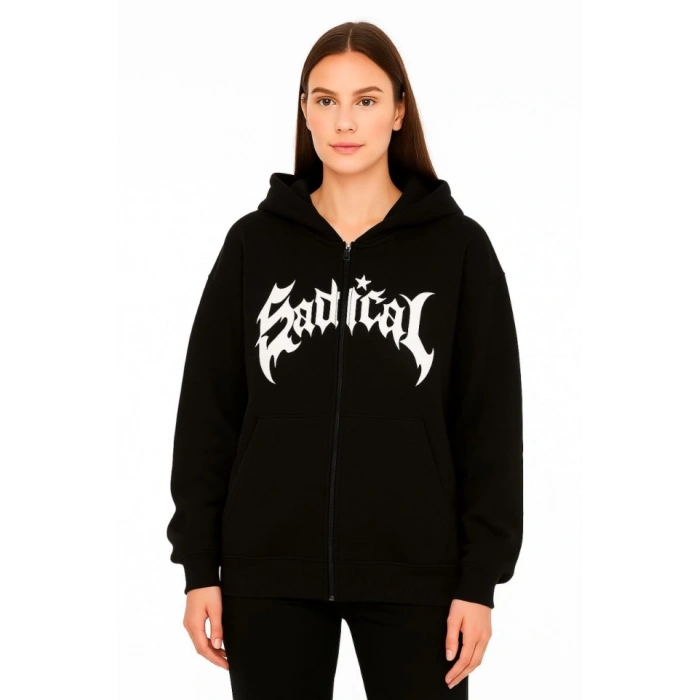 Oversize Kapüşonlu Sweatshirt  Hoodie 3 İplik Şardonlu Pamuklu Kumaş, Önü Baskılı, Fermuarlı Rahat Kalıp, Kışlık Ve Sokak Stili Sweat - Siyah