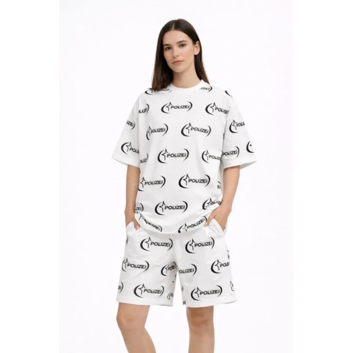 Oversize Ön Ve Arka Baskılı Tişört Şort Takım Rahat Kalıp Yazlık Günlük Kombin - Beyaz