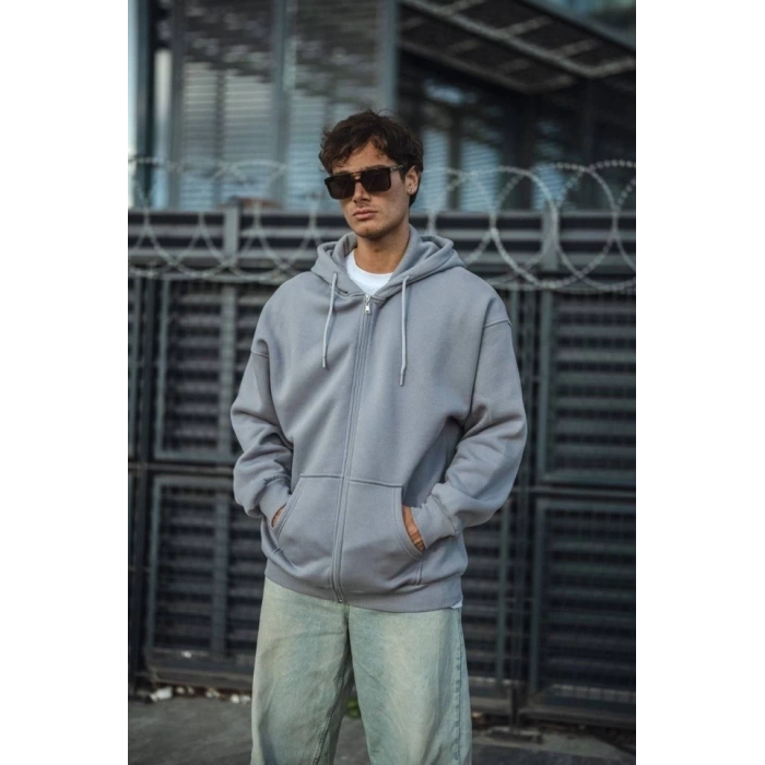 Oversize Tam Fermuarlı Uzun Kol Hırka - Gri