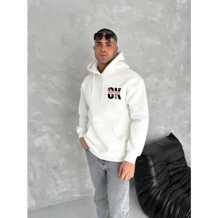Oversize Üç İplik Kapüşonlu SweatShirt - Beyaz