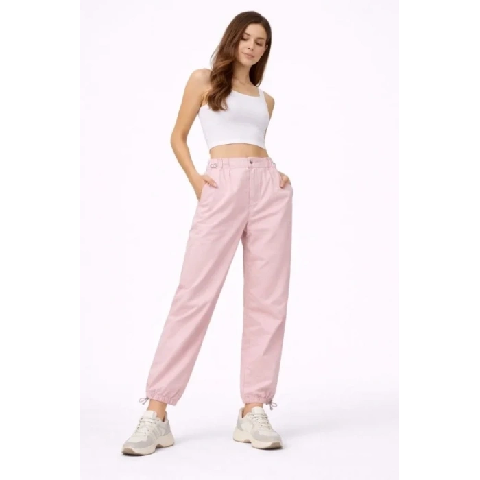 Paraşüt Kumaş Pantolon Bel Ve Paça Ayarlanabilir Lastikli Spor Pantolon - Toz Pembe