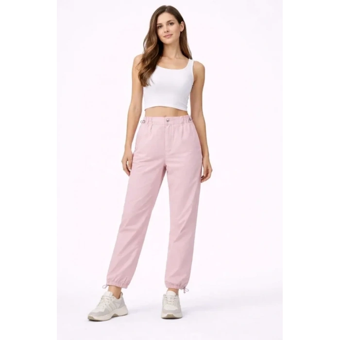Paraşüt Kumaş Pantolon Bel Ve Paça Ayarlanabilir Lastikli Spor Pantolon - Toz Pembe