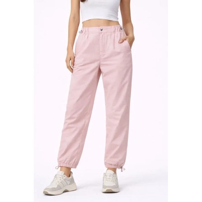 Paraşüt Kumaş Pantolon Bel Ve Paça Ayarlanabilir Lastikli Spor Pantolon - Toz Pembe