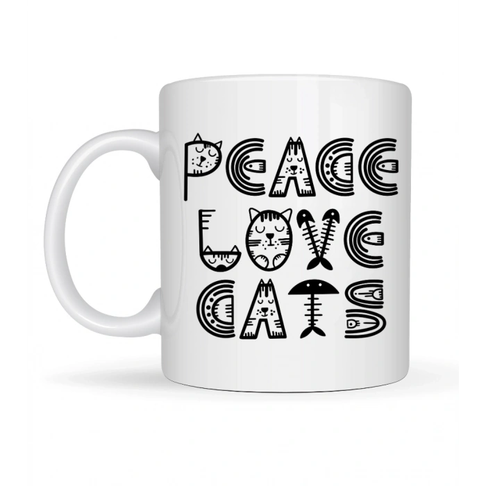 Peace Love Cats – Sevimli Kedi Desenli Porselen Kupa MODEL 60 Kahve & Çay Kupası