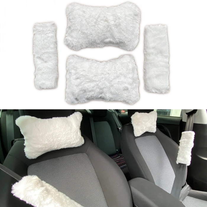 Peluş Ortopedik Araba Seyahat Boyun Yastığı Emniyet Kemer Pedi Seti Beyaz