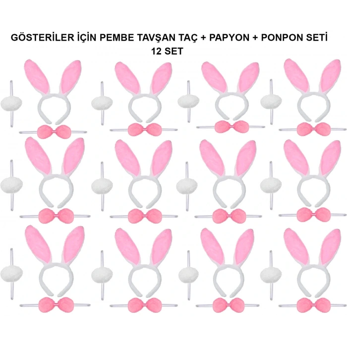 Pembe Tavşan Kostüm Seti – Taç, Papyon, Ponpon (12’li Paket)