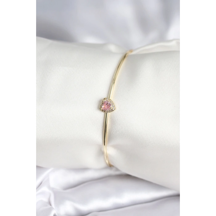 Pembe Zirkon Taşlı Kalp Model Gold Renk Kadın Bileklik