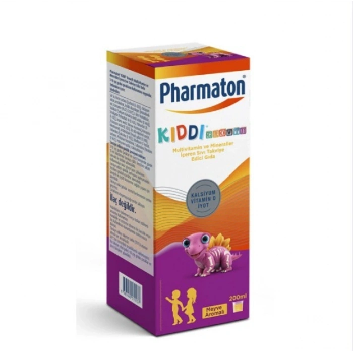 Pharmaton Kiddi Growth Kalsiyum Vitamin D İyot İçeren Takviye Edici Gıda Meyve Aromalı Şurup 200 ml