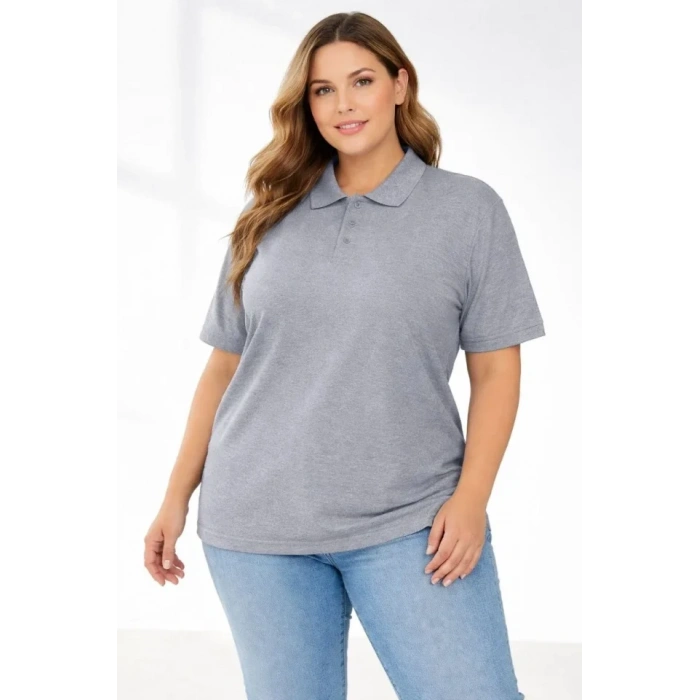 Pike Kumaş Düğmeli Yaka Battal Büyük Beden Günlük Kısa Kol Tişört T-shirt - Gri