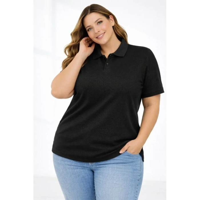 Pike Kumaş Düğmeli Yaka Battal Büyük Beden Günlük Kısa Kol Tişört T-shirt - Siyah