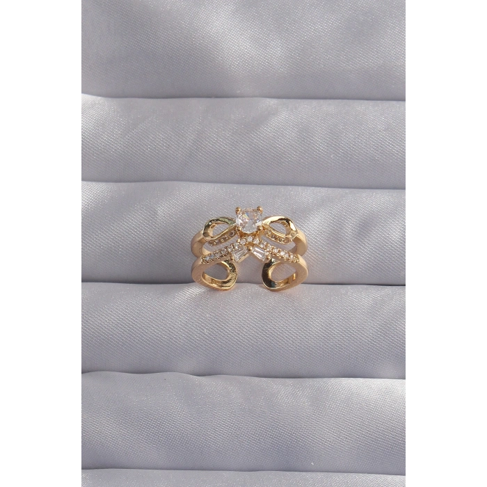 Pirinç Ayarlamalı Gold Renk Zirkon Taşlı 2li Görünüm Fiyonk Yüzük