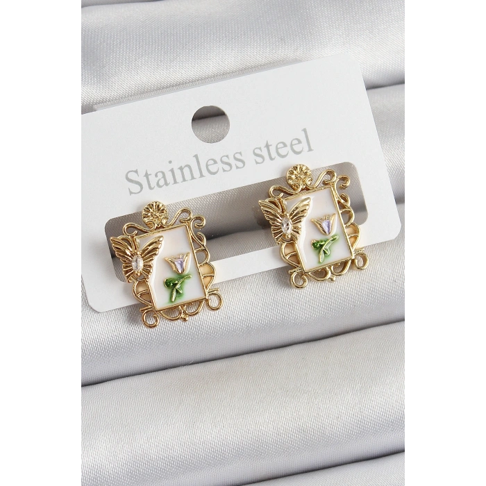 Pirinç Beyaz Mineli Sanatsal Portre Model Gold Renk Kadın Küpe