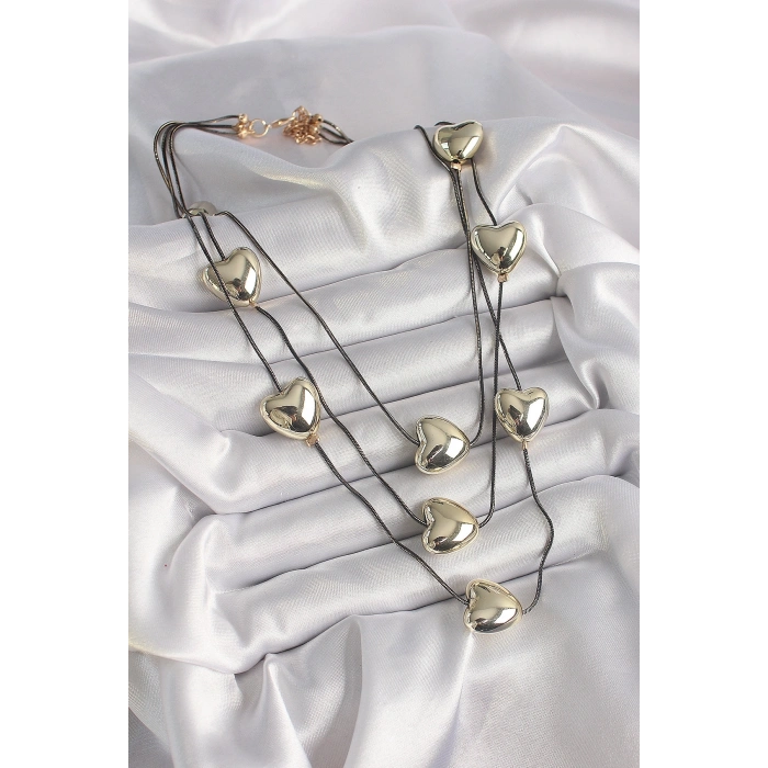 Pirinç Füme Renk Zincir 3D Gold Renk Kalp Model Kadın Kolye