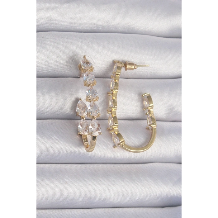 Pirinç Gold Renk Damla Zirkon Taş Tasarımlı Küpe