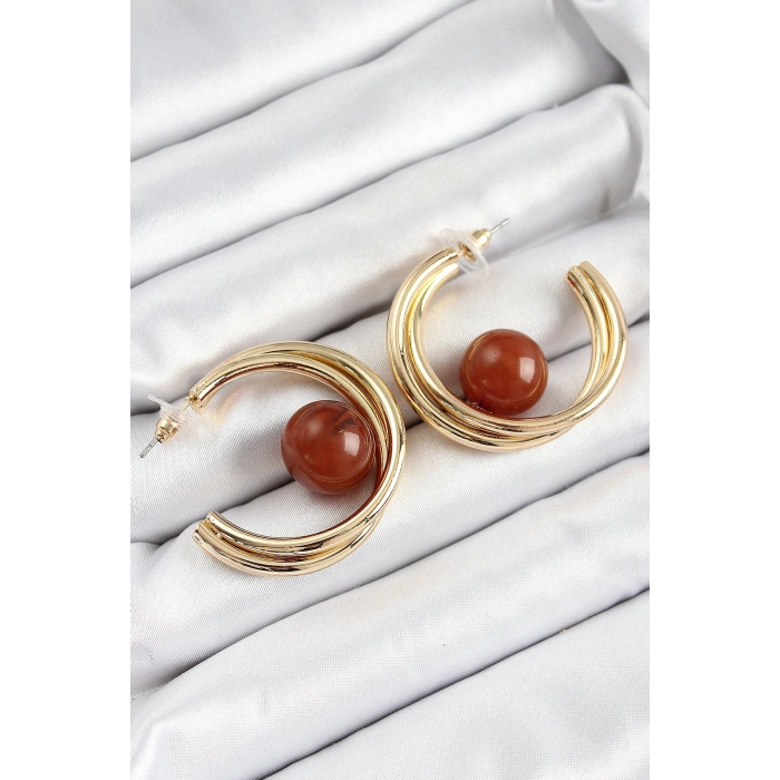 Pirinç Gold Renk Halka Model Kahverengi Boncuk Detay Kadın Küpe