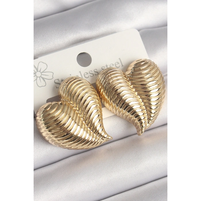 Pirinç Gold Renk İşlemeli Bomba Kalp Model Kadın Küpe