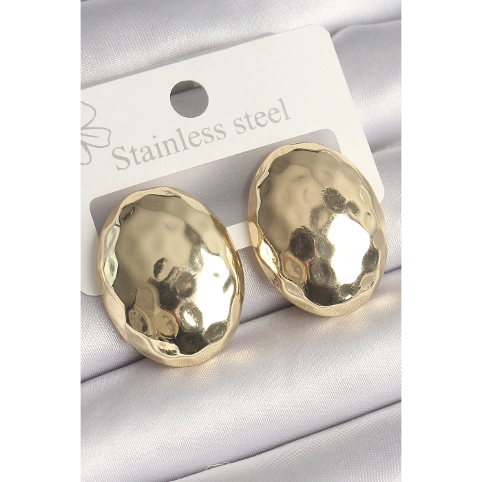 Pirinç Gold Renk İşlemeli Bombe Oval Model Kadın Küpe