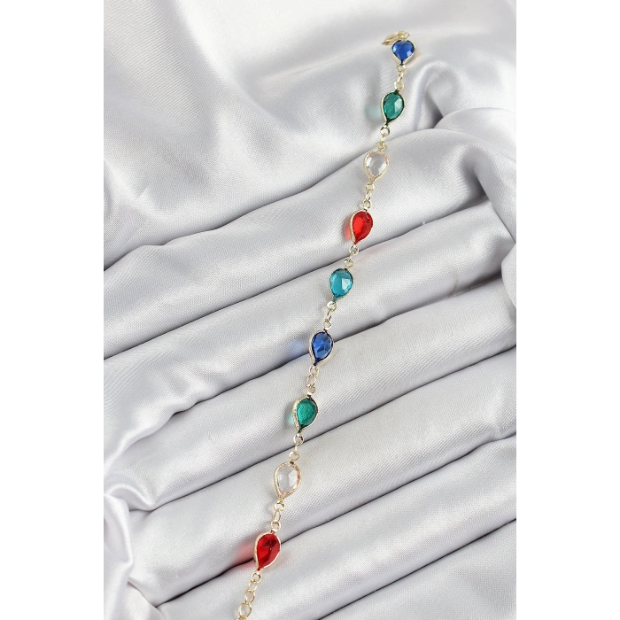 Pirinç Gold Renk Karışık Renk Damla Zirkon Taşlı Kadın Bileklik