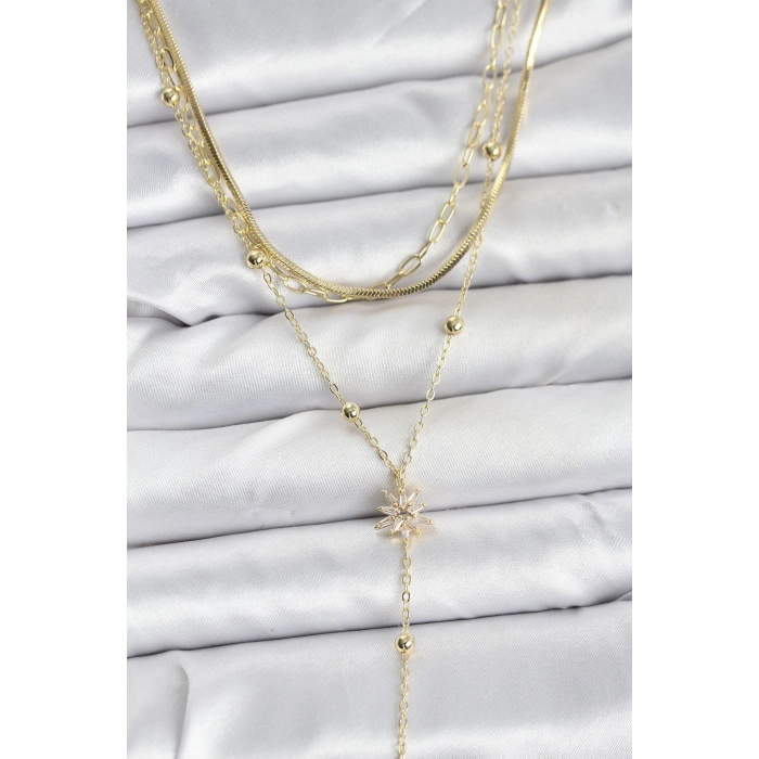 Pirinç Gold Renk Kutup Yıldızı Model Detaylı 3lü Kombin Y Kadın Kolye