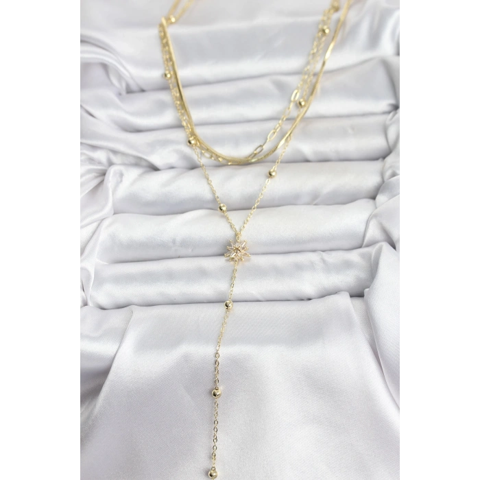 Pirinç Gold Renk Kutup Yıldızı Model Detaylı 3lü Kombin Y Kadın Kolye