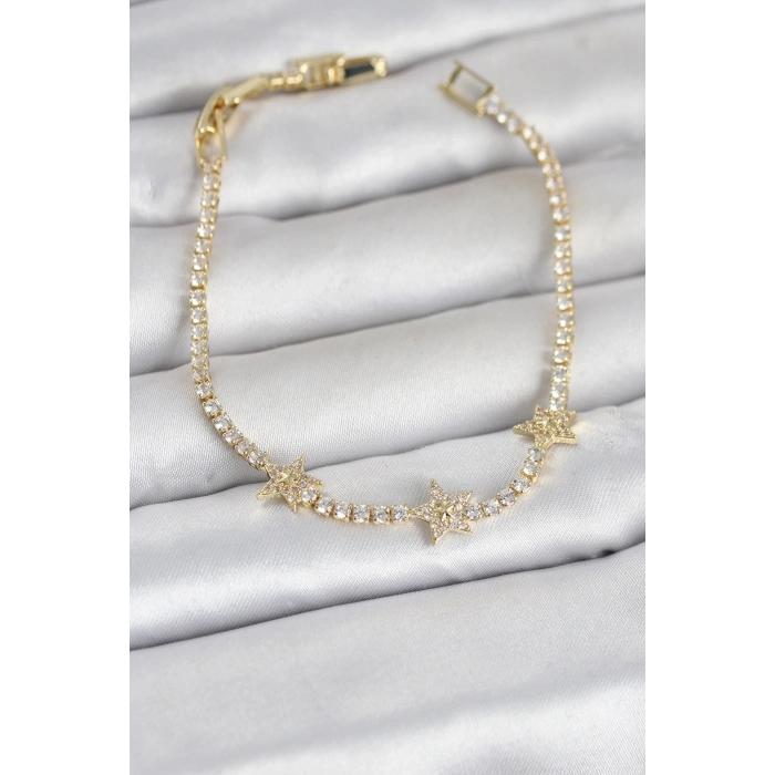 Pirinç Gold Renk Minimal Yıldız Model Zirkon Taşlı Su Yolu Kadın Bileklik
