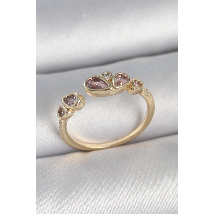 Pirinç Gold Renk Pembe Damla Zirkon Taşlı Ayarlanabilir Kadın Yüzük