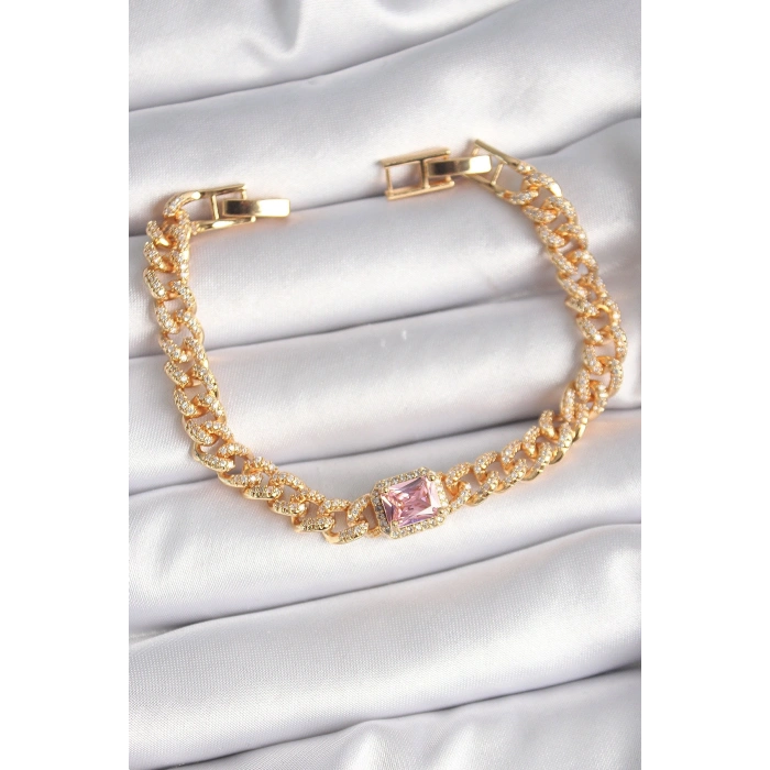 Pirinç Gold Renk Pembe Kare Zirkon Taşlı VIP Seri Kadın Bileklik