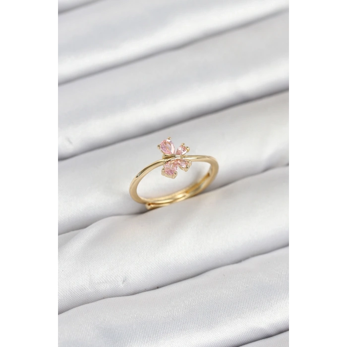 Pirinç Gold Renk Pembe Kelebek Kadın Yüzük