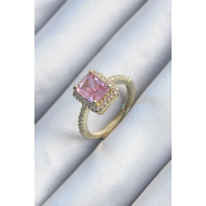 Pirinç Gold Renk Pembe Zirkon Taşlı Kadın Yüzük