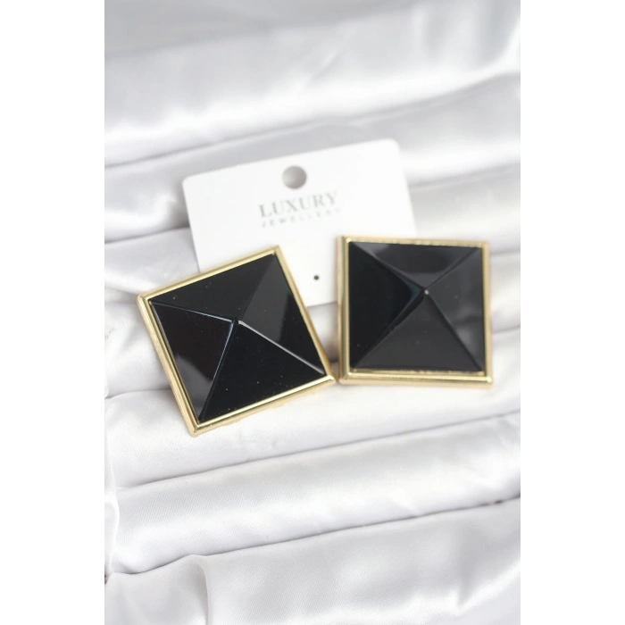 Pirinç Gold Renk Siyah Piramit Model Kadın Küpe