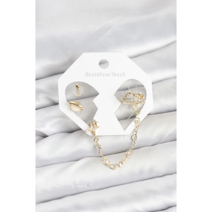 Pirinç Gold Renk Uzay Model Zincir Bağlantılı Ear Cuff Küpe Seti