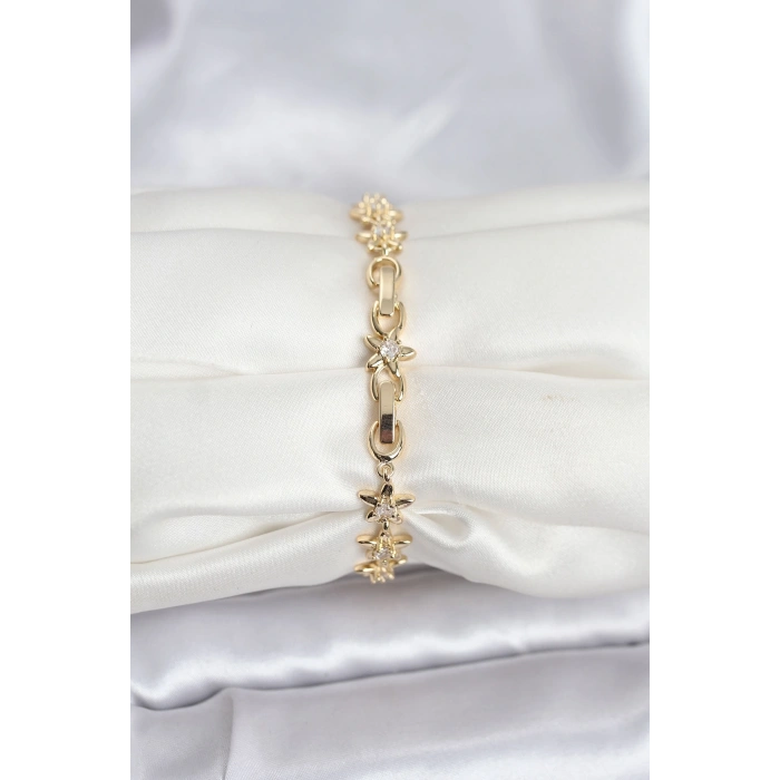 Pirinç Gold Renk VIP Seri Sıralı Taşlı Yıldız Model Zirkon Taşlı Kadın Bileklik