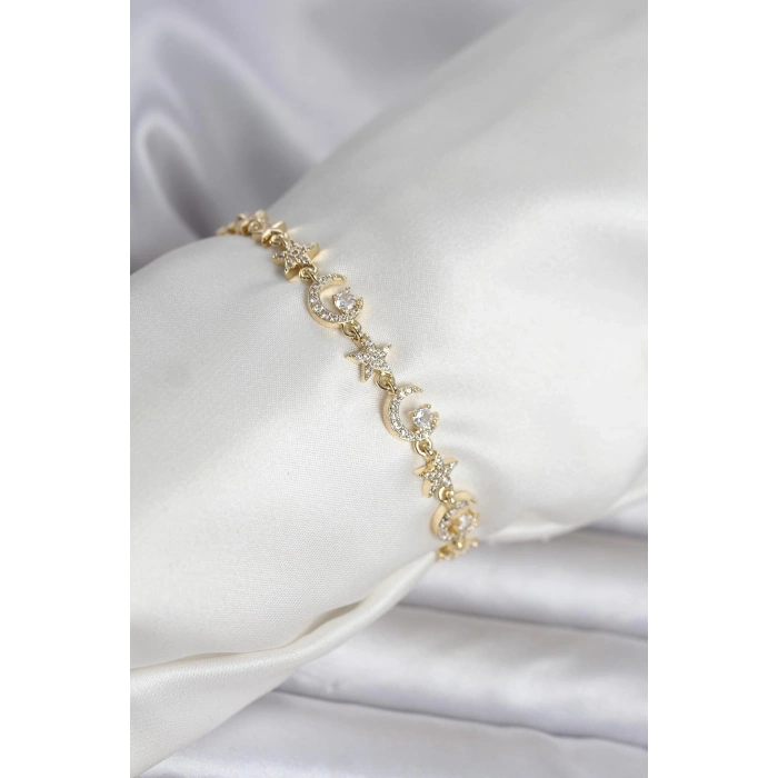 Pirinç Gold Renk Zirkon Taşlı Ay ve Yıldız Model Kadın Bileklik
